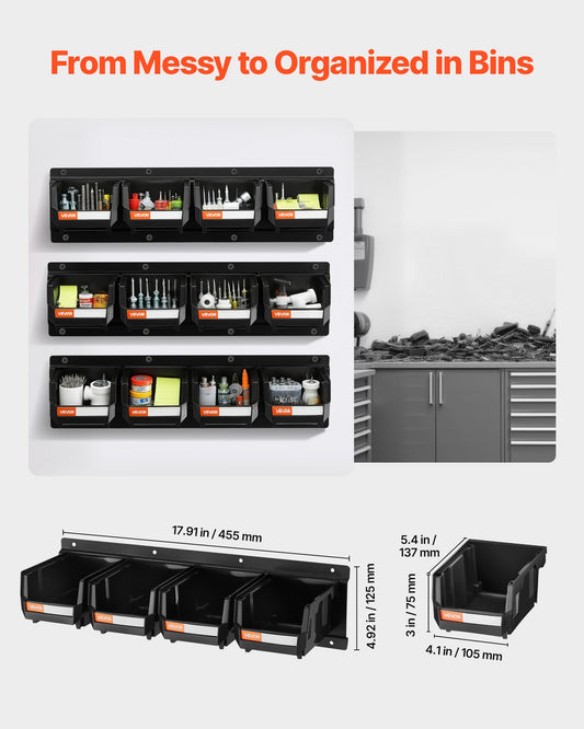 12 Wall Mounted Storage Bins with 3 Metal Rails, Black