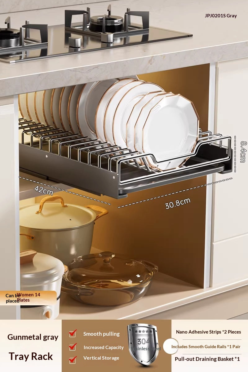 Pull-Out Stainless Steel Kitchen Cabinet Dish Organizer
