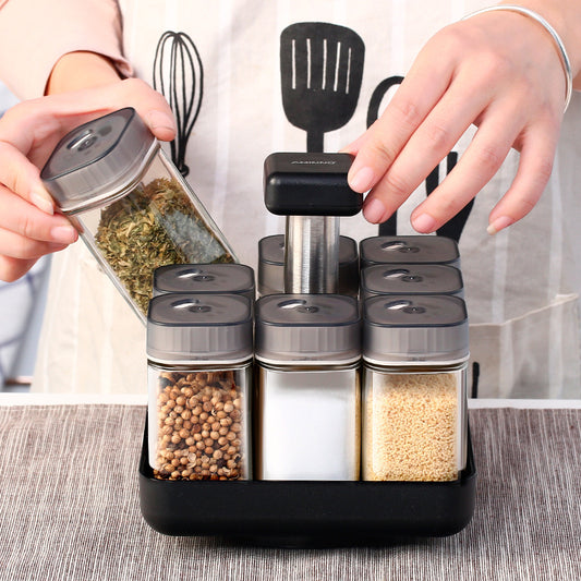 Glass Spice Jar Set with Rotating Kitchen Organizer Box