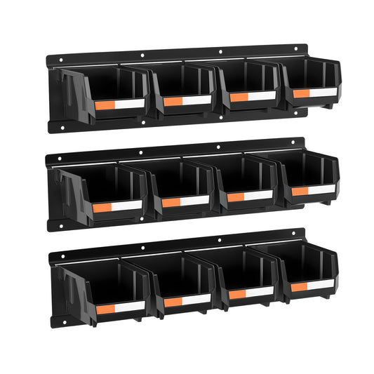 12 Wall Mounted Storage Bins with 3 Metal Rails, Black