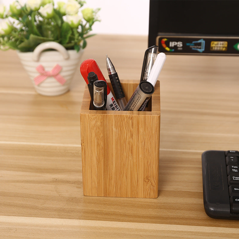 Bamboo and Wood Square Desktop Stationery & Makeup Organizer