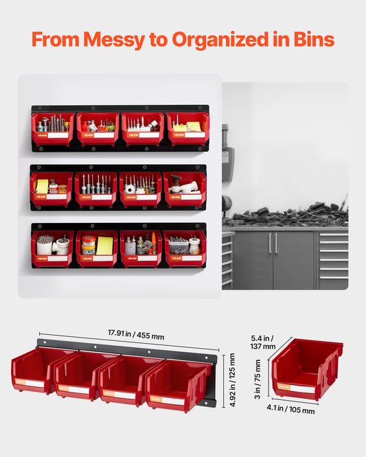12 Wall Mounted Storage Bins with 3 Metal Rails