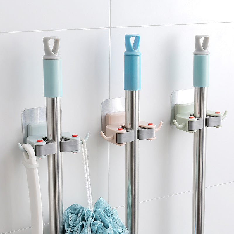Nail-Free Wall Mount Mop and Broom Holder with Double Hooks