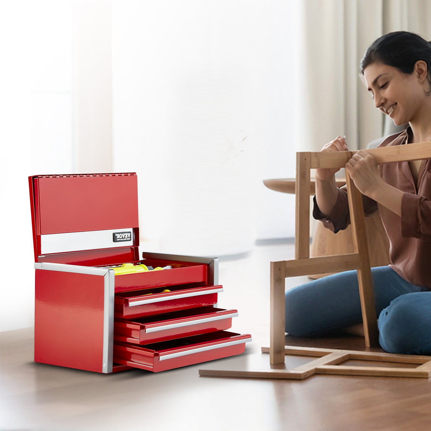 Mini 8.6" Metal Tool Box with 3 Drawers - Red Steel Organizer