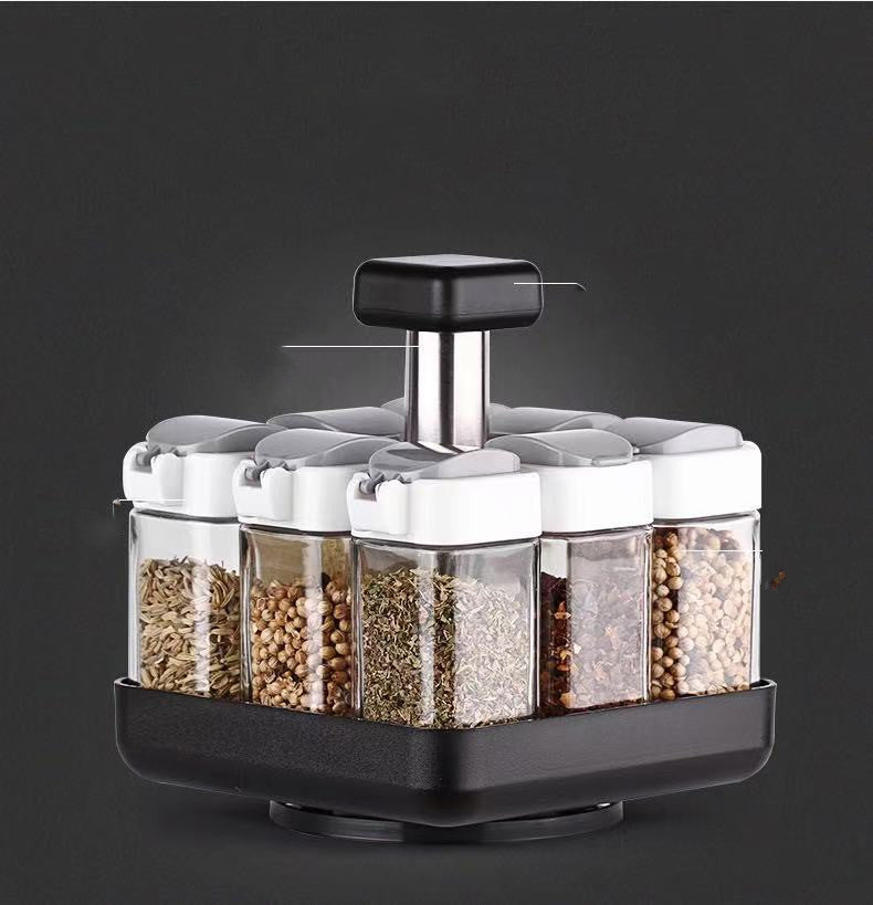 Glass Spice Jar Set with Rotating Kitchen Organizer Box