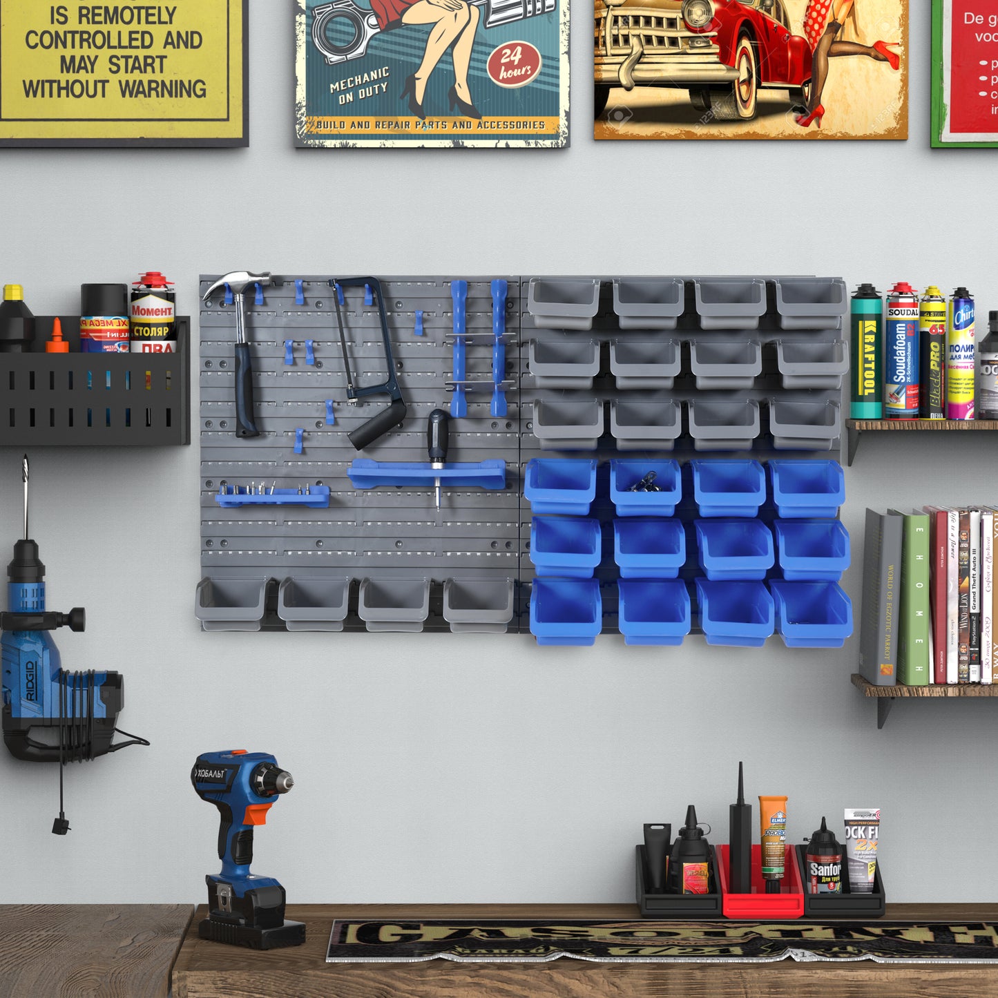 54-Piece Wall Mounted Pegboard and Shelf Tool Organizer