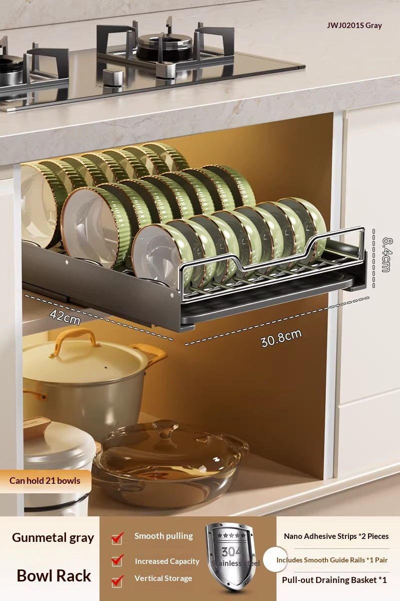 Pull-Out Stainless Steel Kitchen Cabinet Dish Organizer