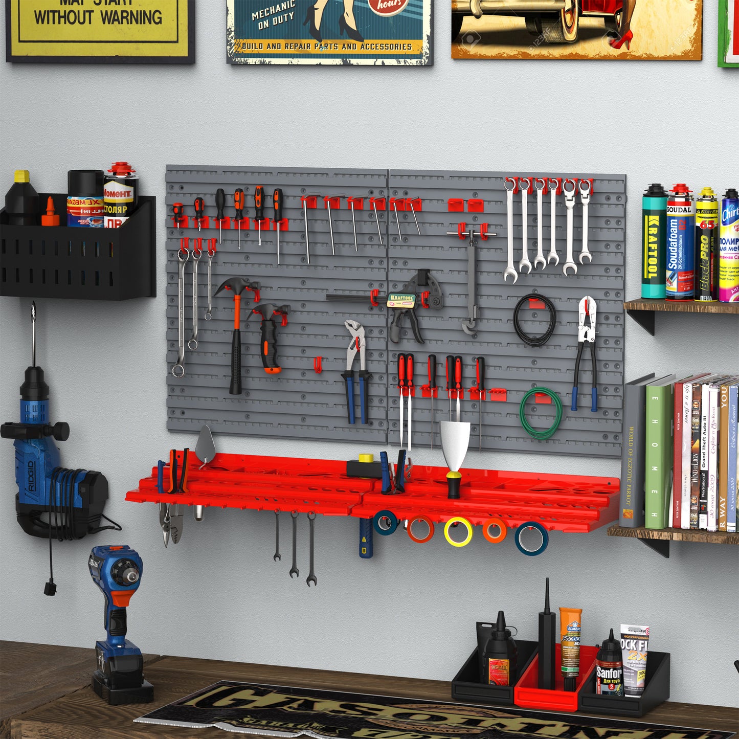 54-Piece Wall Mounted Pegboard and Shelf Tool Organizer