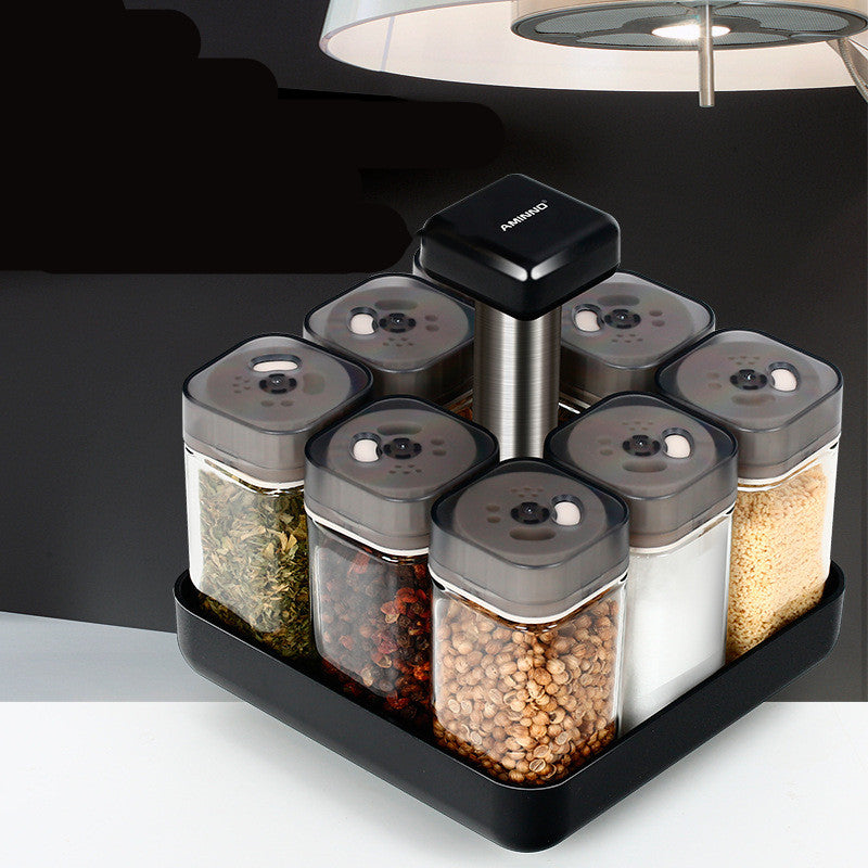 Glass Spice Jar Set with Rotating Kitchen Organizer Box