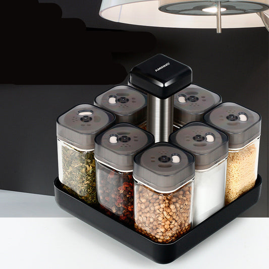Glass Spice Jar Set with Rotating Kitchen Organizer Box