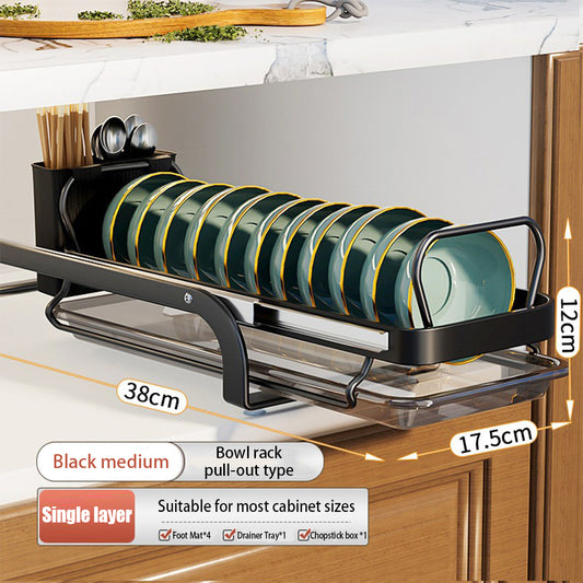 Pull-Out Carbon Steel Dish Rack & Drawer Organizer