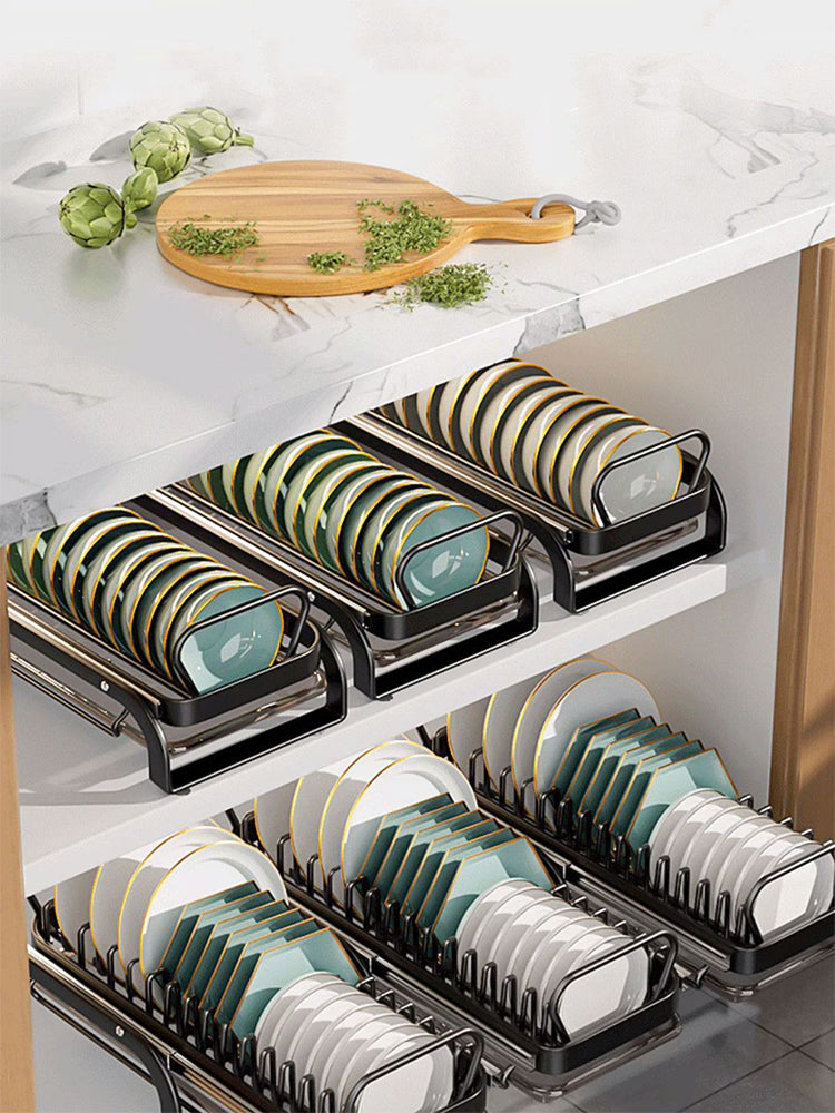 Pull-Out Carbon Steel Dish Rack & Drawer Organizer