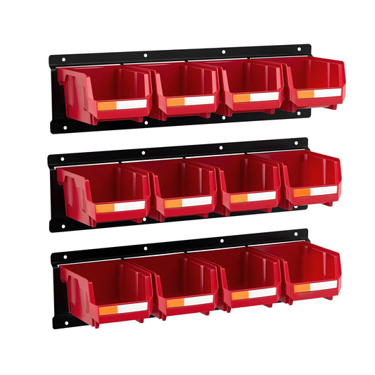 12 Wall Mounted Storage Bins with 3 Metal Rails