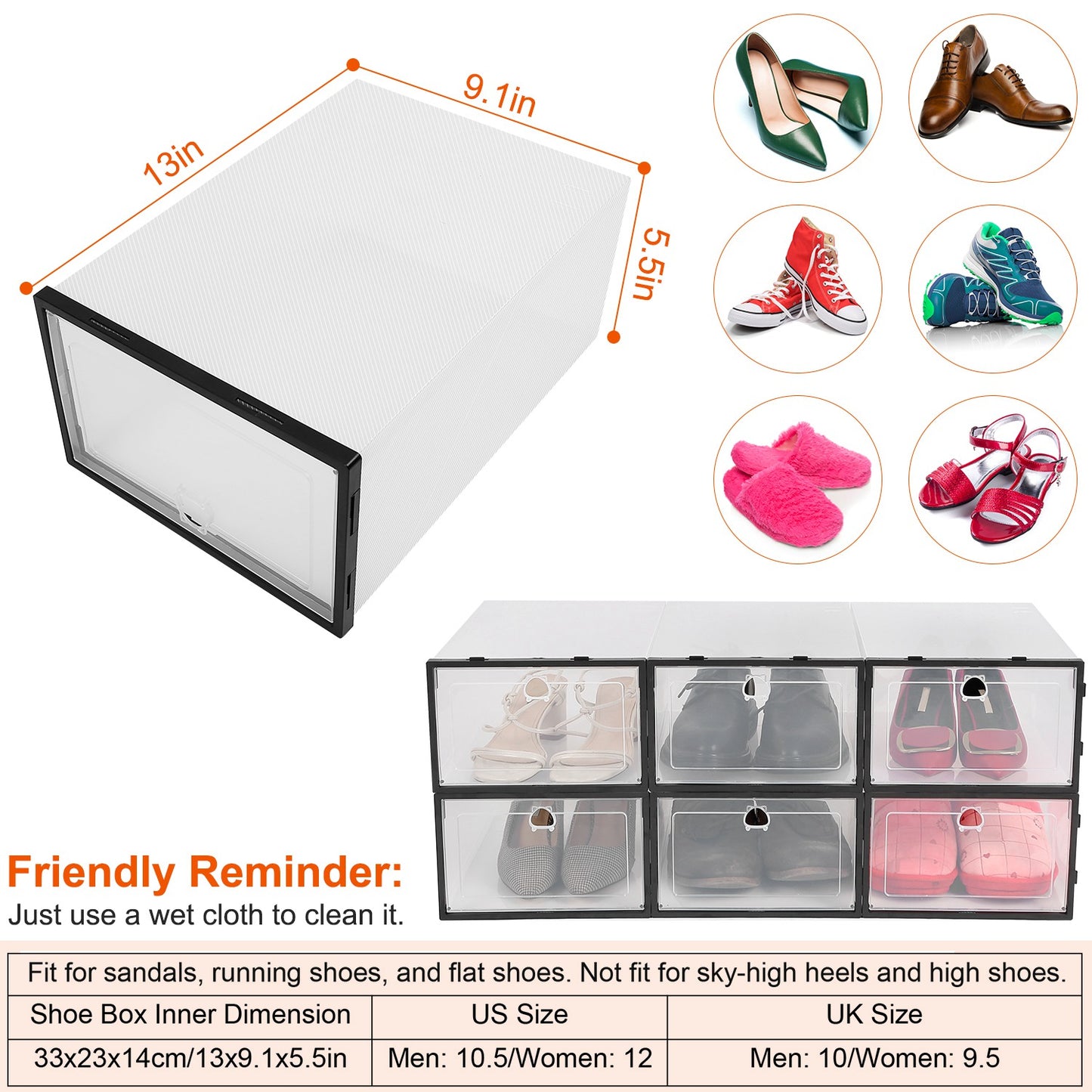 6-Pack Stackable & Collapsible PP Plastic Shoe Storage Bins
