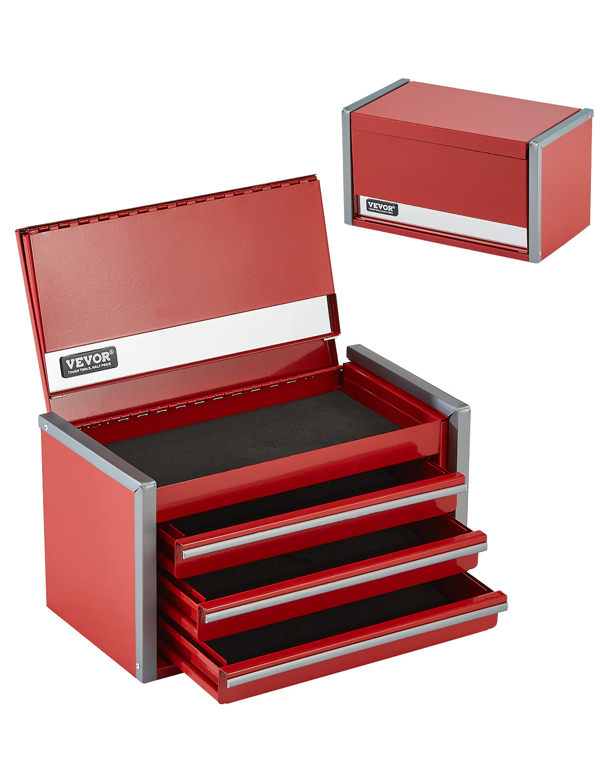 Mini 8.6" Metal Tool Box with 3 Drawers - Red Steel Organizer