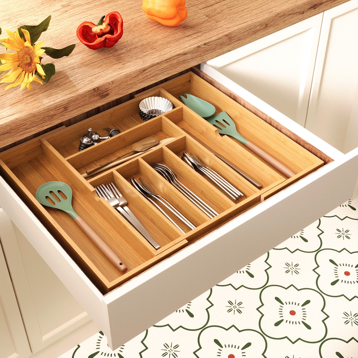 Expandable Bamboo Kitchen Utensil Drawer Organizer